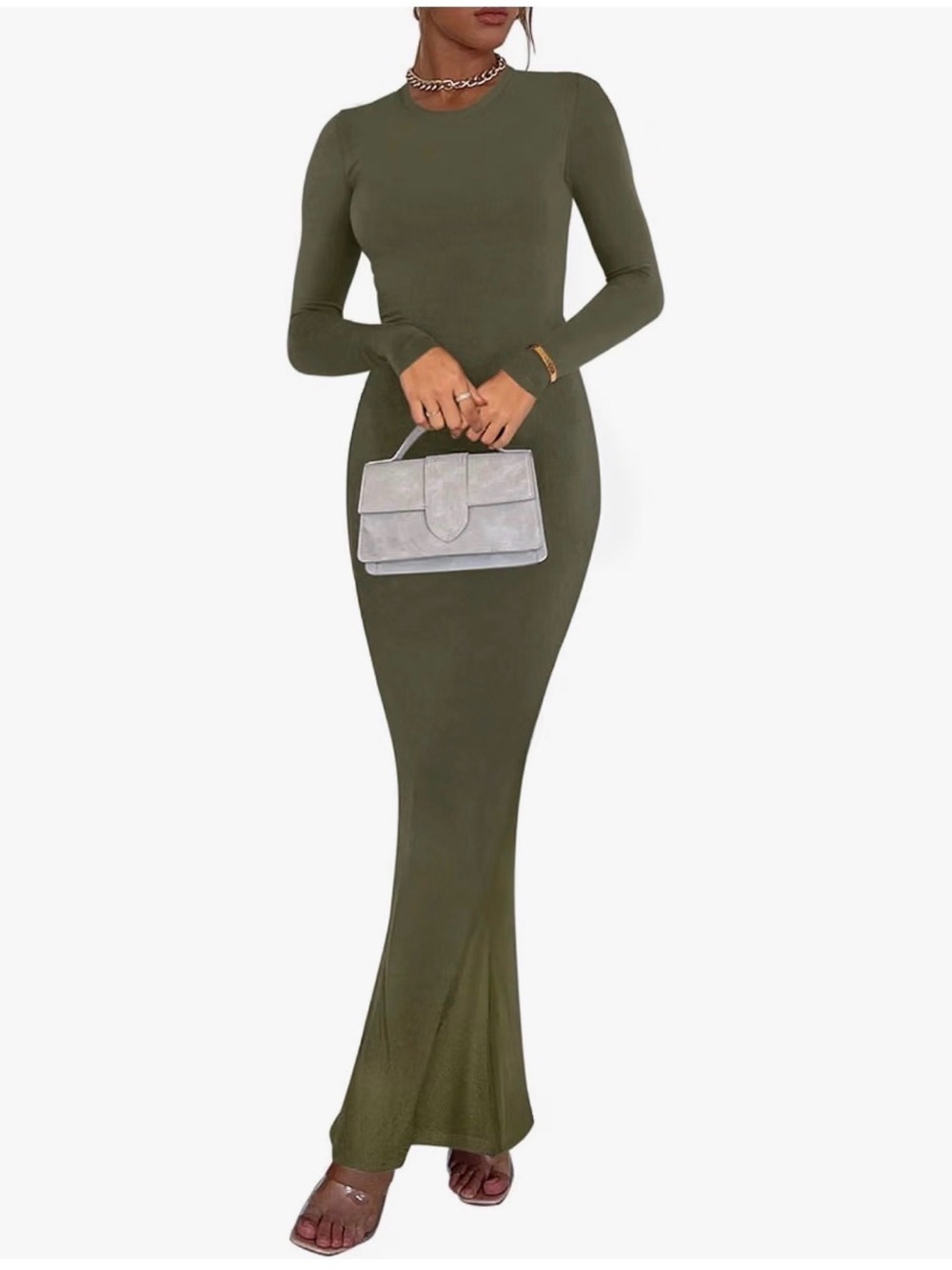 ReoRia Olive Green Long Sleeve Bodycon Maxi Dress